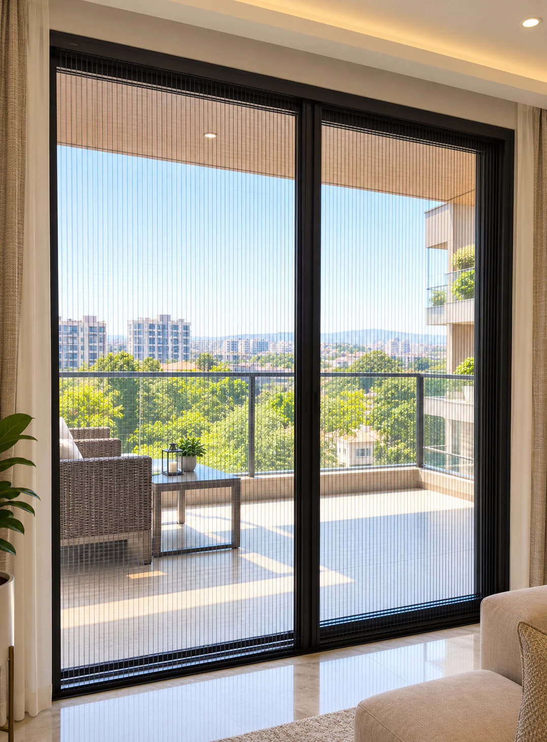 Black-framed sliding mosquito net door on a balcony opening